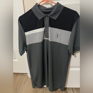Men’s PGA Tour Gray and Black Golf Polo Shirt with Bold Stripes - Size Medium